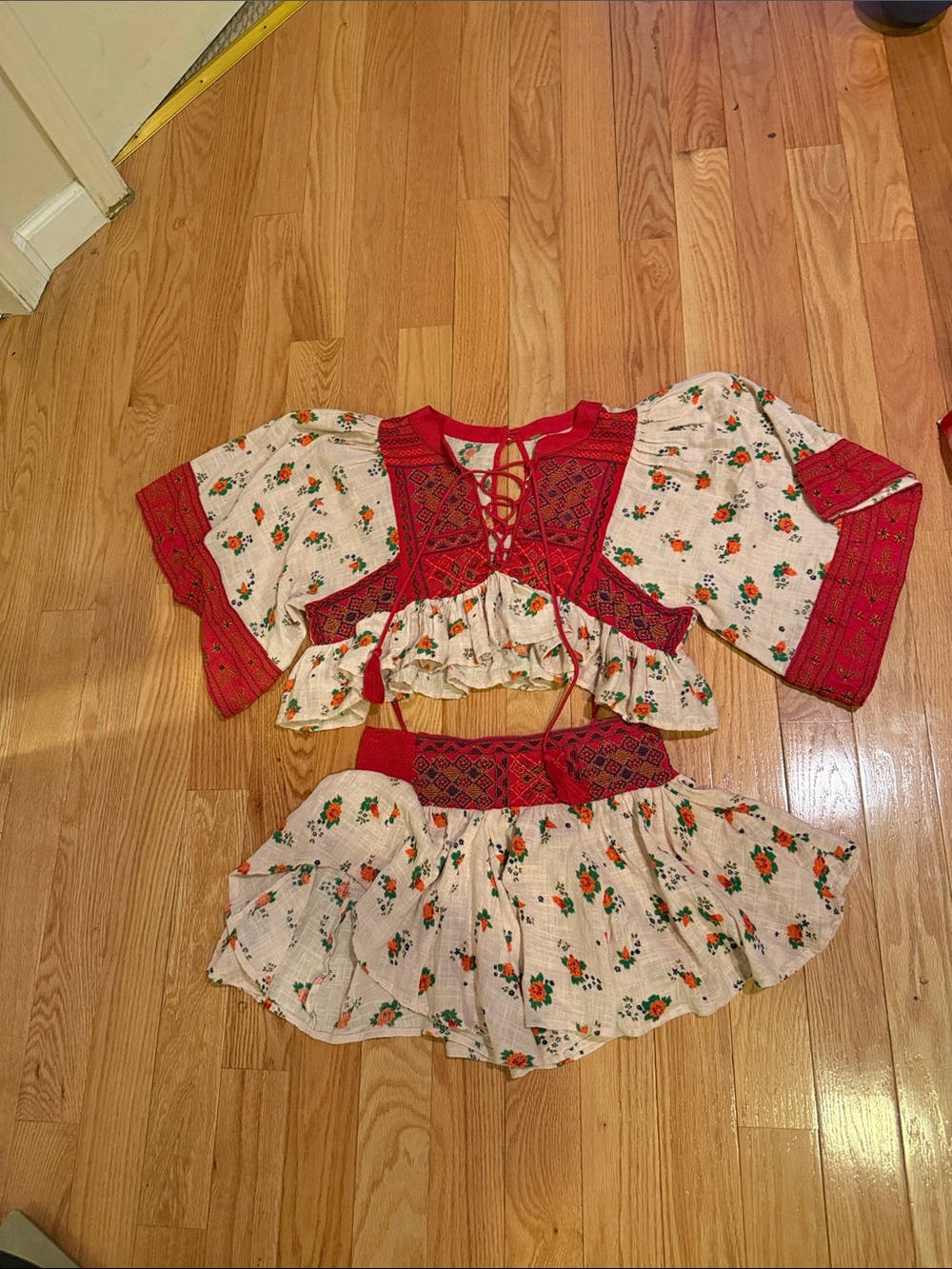 Free People Red & Cream Floral Two-Piece Skirt Set